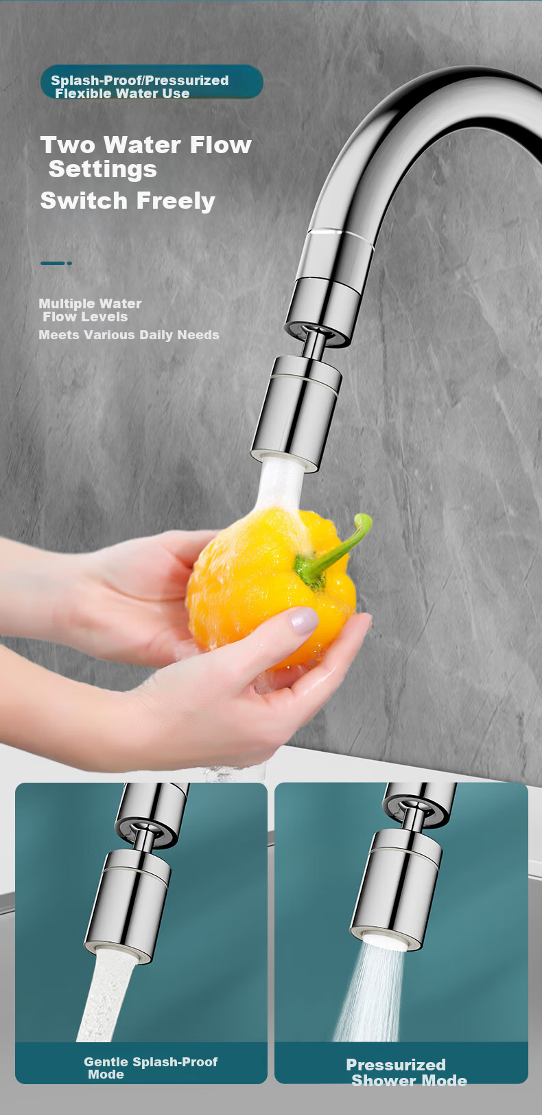 Jingmi Premium Faucet Aerator Extender 2-Mode Splash-Proof Kitchen Basin Adapter 360° Swivel Connector 6