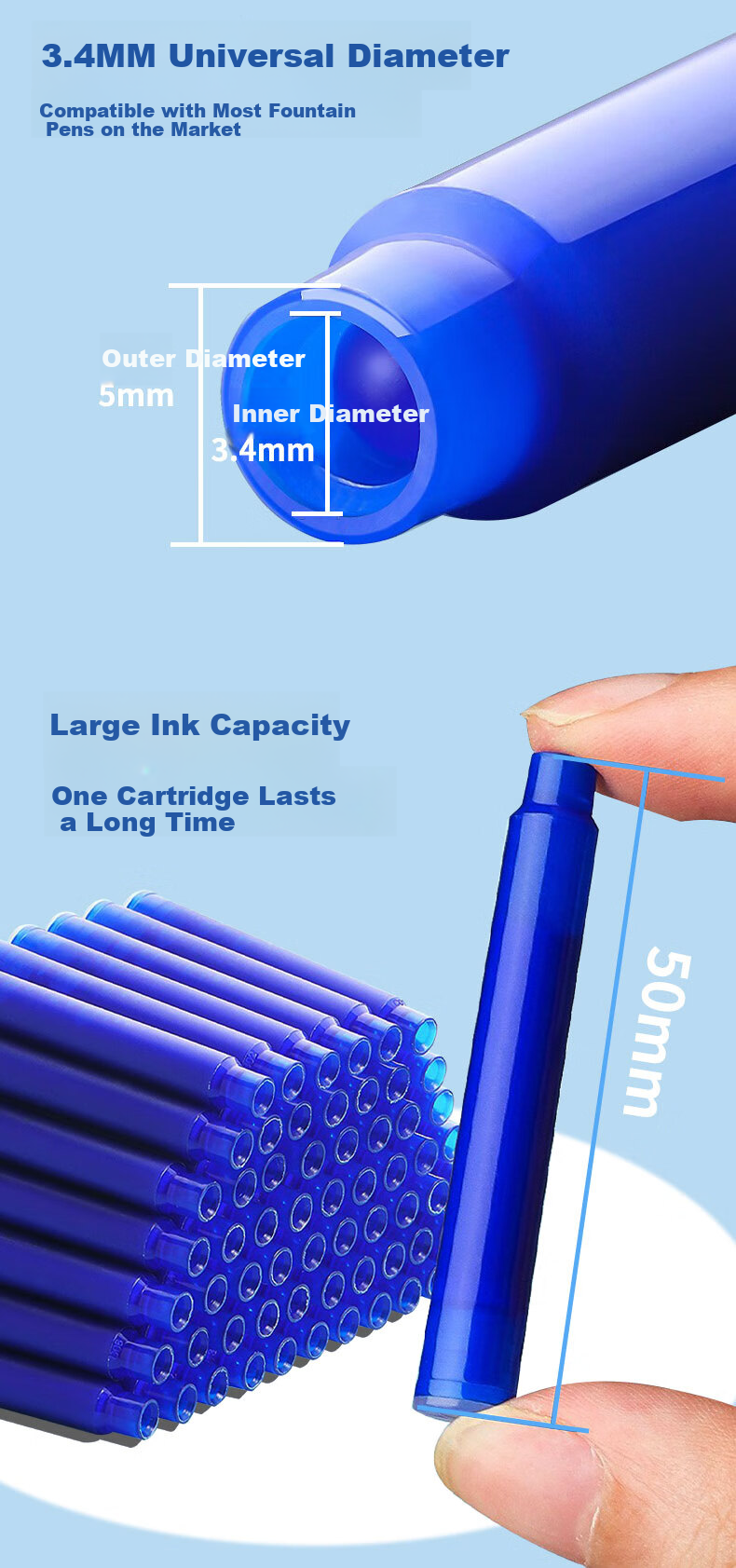 Ostrich Heat-Erase Thermal Ink Cartridge Fountain Pen Refill Compatible with Parker, Hero, Deli, M&G 3.4mm Ink Cartridges Crystal Blue Erasable Ink Cartridge Box Set (10+2) 3