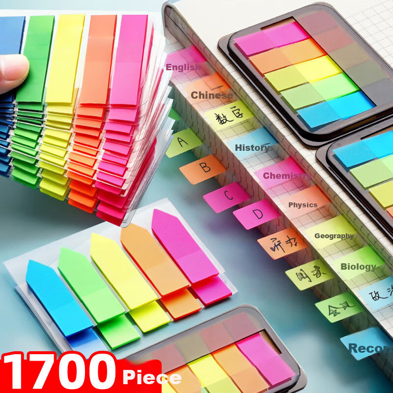 Jinzhi 1700pcs Transparent Waterproof Index Label Stickers Fluorescent Film Mark Colorful Sticky Notes Tabs Bookmarks Strong Adhesive Reusable Notes