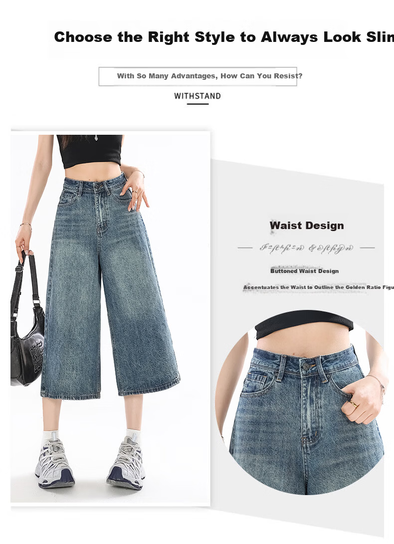 Jeanswest Women's Summer 2026 High-Waisted Loose Fit Retro Blue Wide-Leg Cropped Denim Shorts XL 6