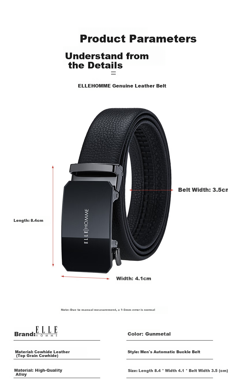 ELLE HOMME French Brand Men's Leather Belt with Automatic Buckle, Top-Grain Cowhide Waistband, Birthday Gift for Husband Or Father on Father's Day 6