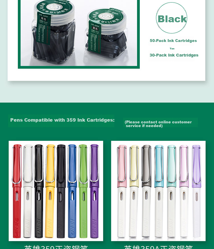 HERO School Gift Ink Cartridges 359 Fountain Pen Ink Cartridges Bulk Pack Pure Blue 30pcs 7
