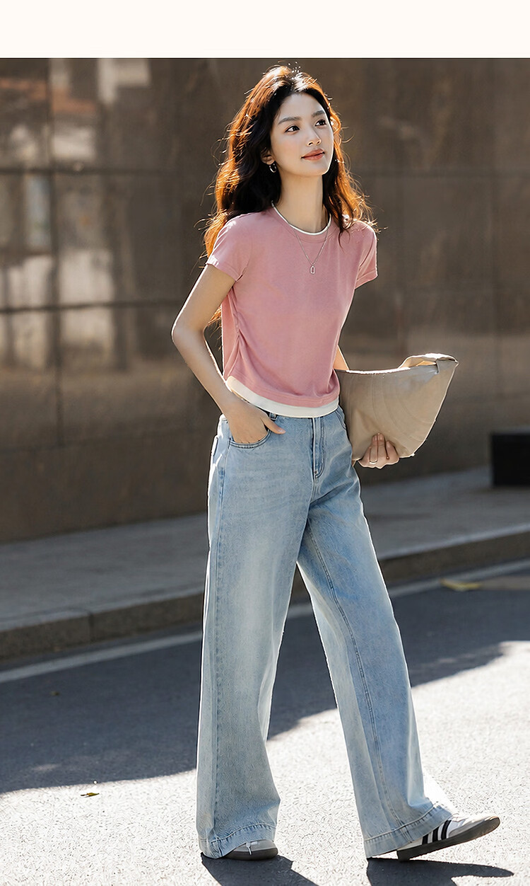 Demana [with Lyocell] Summer Elegant Colorblock Crew Neck Short Sleeve Slim Fit T-Shirt for Petite Women 35