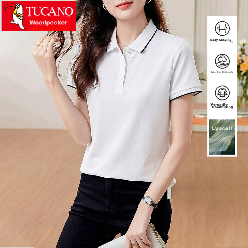 TUCANO Women's Short Sleeve T-Shirt Lenzing Lyocell Cool Breathable Quick-Dry Business Polo Shirt White M