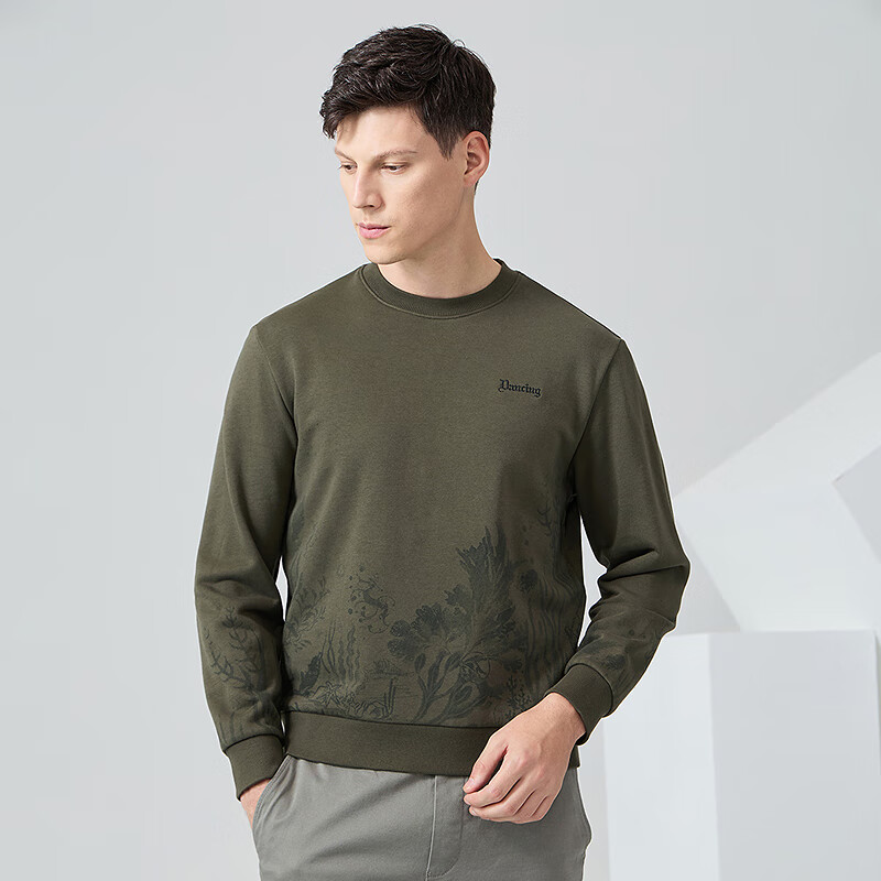 DANCING WOLVES [Heavy Fabric] Autumn And Winter Fashion Versatile Floral Subtle Pattern Crew Neck Men's Sweatshirt, Army Green, Size 175
