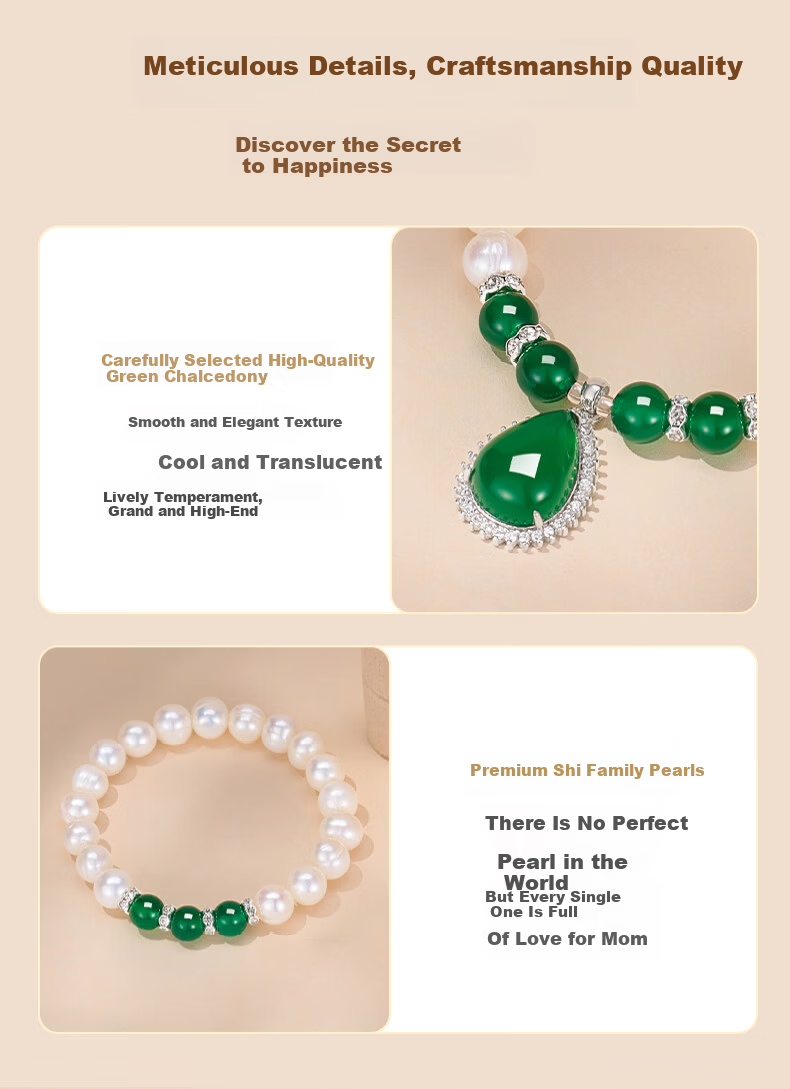 Kovny Selected Green Chalcedony Vintage Elegant Pearl Necklace Bracelet Earrings Three-Piece Set Birthday Gift for Mom 10