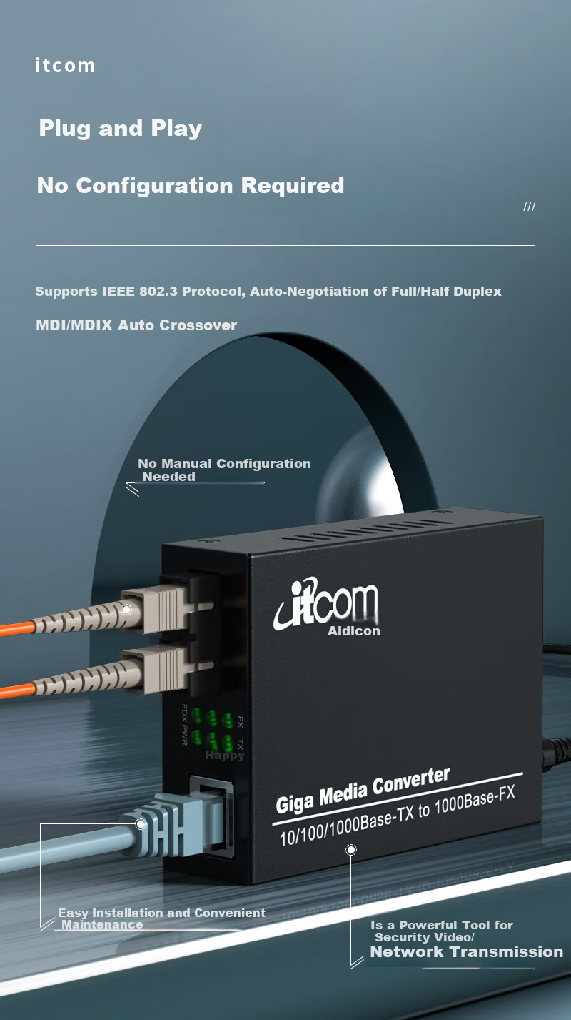 Itcom, Telecom-Grade Fiber Optic Transceiver, Gigabit One Pair Single-Mode Single-Fiber Optical-Electrical Converter, SC Interface, 20km Network Monitoring, Lightning And Surge Protection, IT168-GE 3