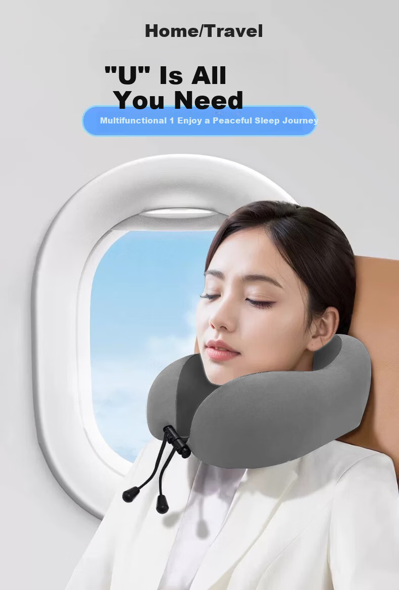 YOCOK U-Shaped Inflatable Memory Foam Neck Pillow Travel Neck Support for Airplane and Train, Portable and Foldable, Blue and Gray Colorblock 1
