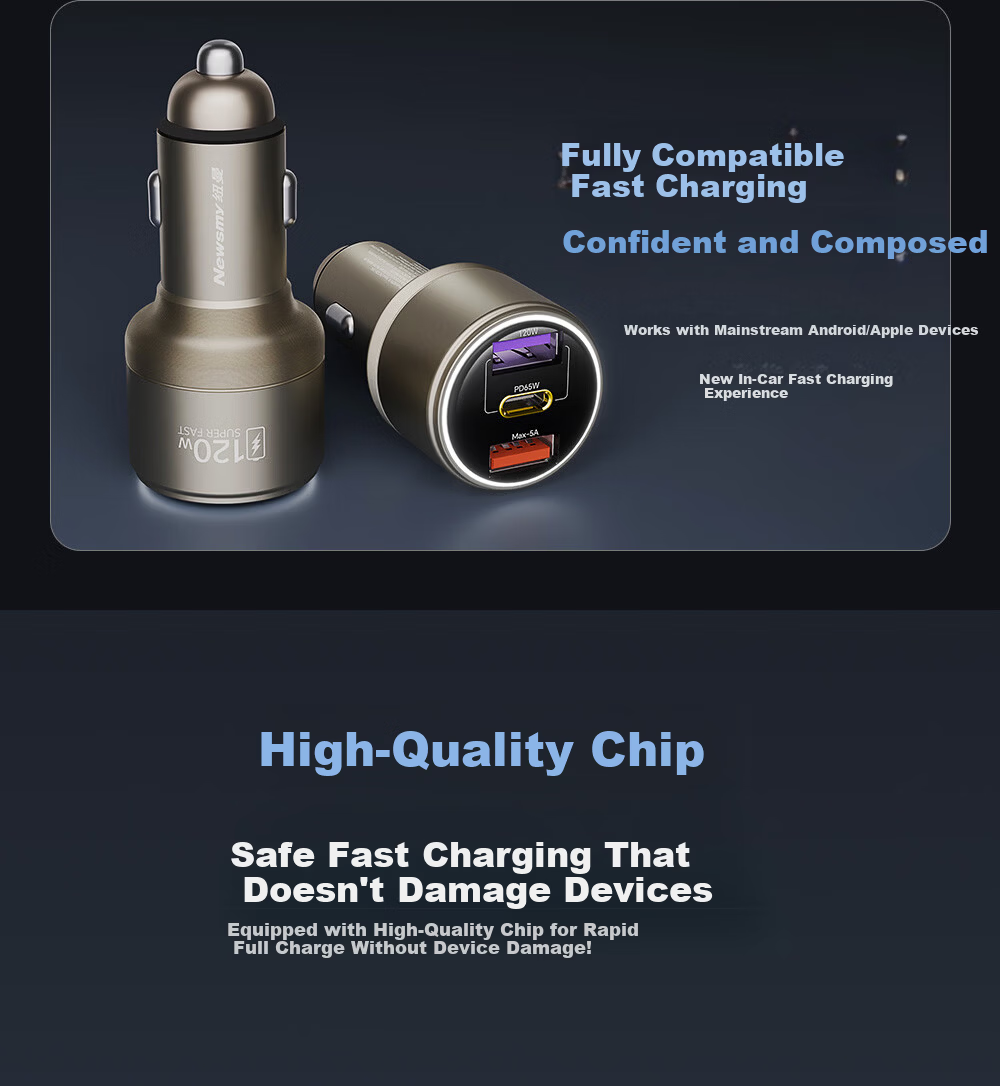 Newsmy 120W Car Charger Super Fast Charging Triple Port Cigarette Lighter Adapter Compatible with Huawei Vivo OPPO Apple 17 Laptop Charging 3