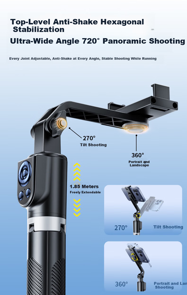 JIAHUACAI 1.85m Panoramic Selfie Stick Tripod Phone Holder Telescopic Portable 360° Rotating Fully Automatic Multifunctional Outdoor Photography Live Streaming Stand 6