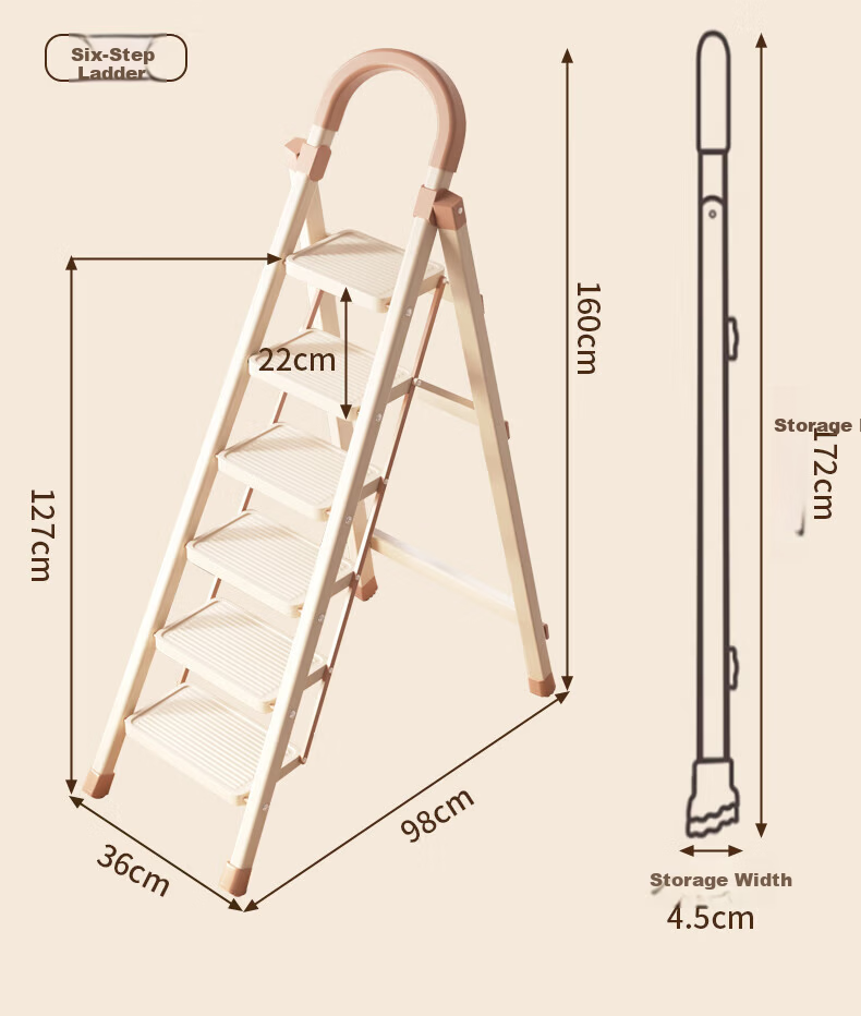 Yimo Household Folding Ladder Multifunctional Small Lightweight A-Frame Telescopic Indoor Four-Step Beige Climbing Ladder 4