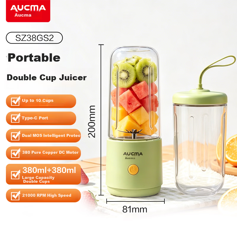 AUCMA New Dual-Cup Juicer Large Capacity Portable Juicer Fruit and Vegetable Juice Maker Household 380ml Baby Food Blender Easy to Clean SZ76GS2