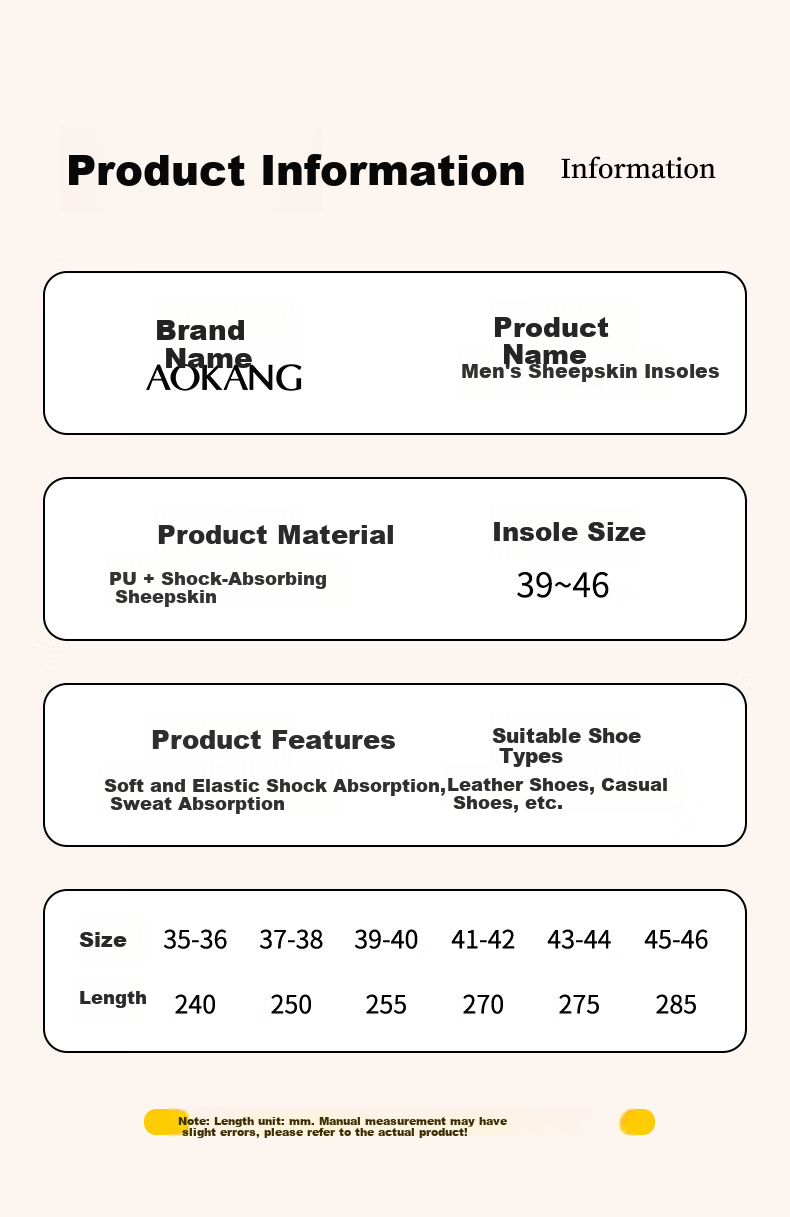 Aokang Leather Insoles Unisex Sweat-Absorbing Odor-Resistant Soft Genuine Sheepskin Thickened Shock-Absorbing Pain-Relief Sports Insoles for Long Standing 6