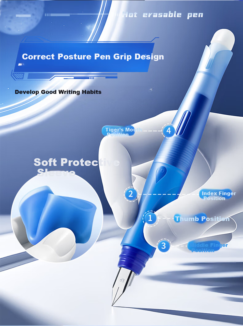 Kaba Bear Heat Erasable Fountain Pen Crystal Blue Posture Correcting Erasable Pen Set Student Children's Professional Calligraphy Pen Dark Blue 2