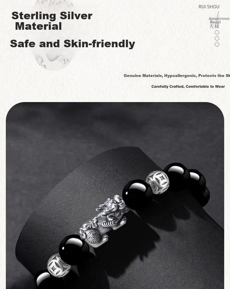 CHINA GOLD Fortune Pixiu Sterling Silver Bracelet Men's Black Obsidian Beads Mid-High Exam Blessing Gift Birthday Present for Boyfriend Husband 8