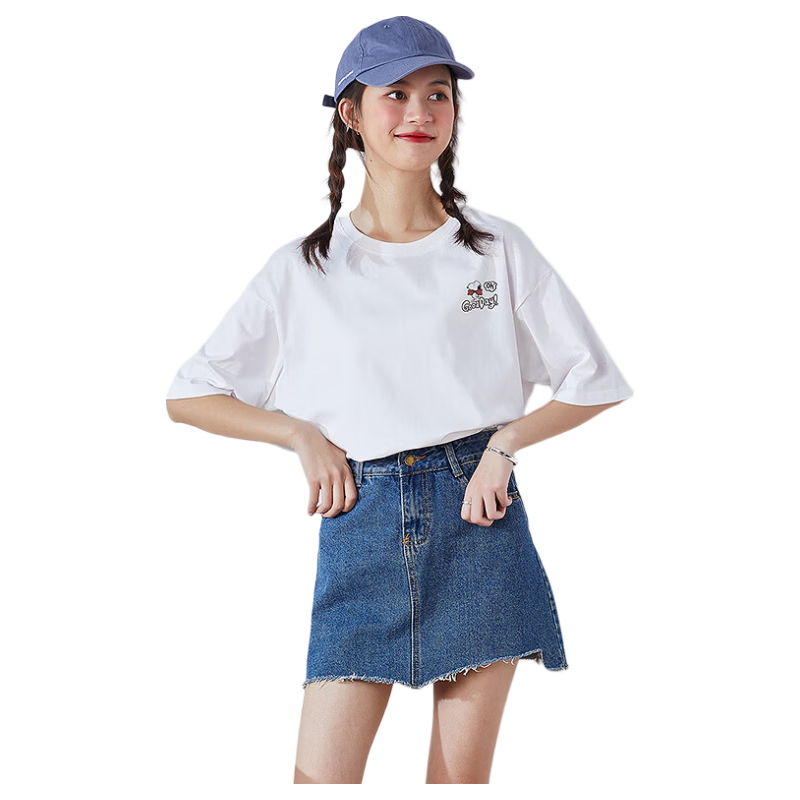 TonLion 2025 Summer Women's New Round Neck Short Sleeve T-Shirt Casual [Snoopy Collaboration] S Off-White