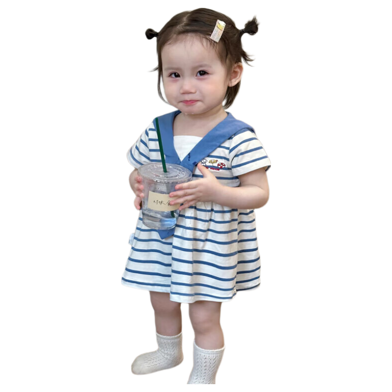 FADOBABY Girls' Navy Collar Striped Short Sleeve Summer Dress Newborn Toddler Cotton Princess Dress Summer