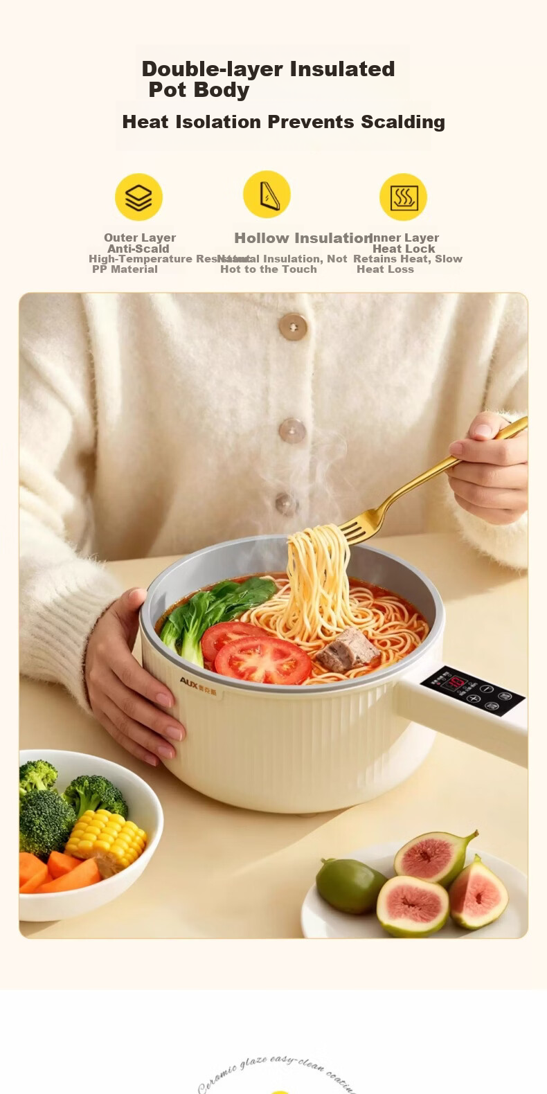 AUX Electric Cooking Pot Multi-Functional Small Hot Pot 2.2L Student Dormitory All-in-One Noodle Cooker Stew Rice Pot DR226 Titanium Coating + Steamer Basket 8