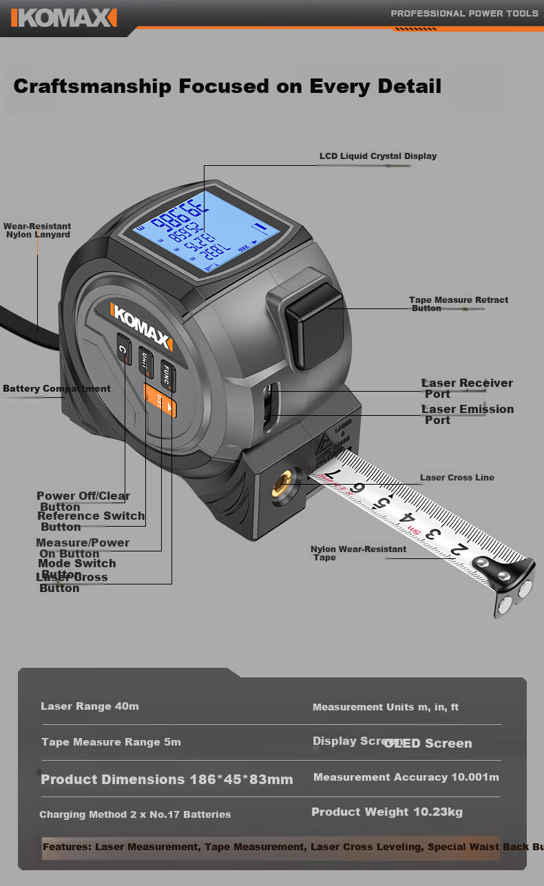KEMAISI 3-in-1 Laser Distance Measuring Tape Infrared Rangefinder High-Precision Handheld Electronic Ruler Tape Measure for Carpentry 28
