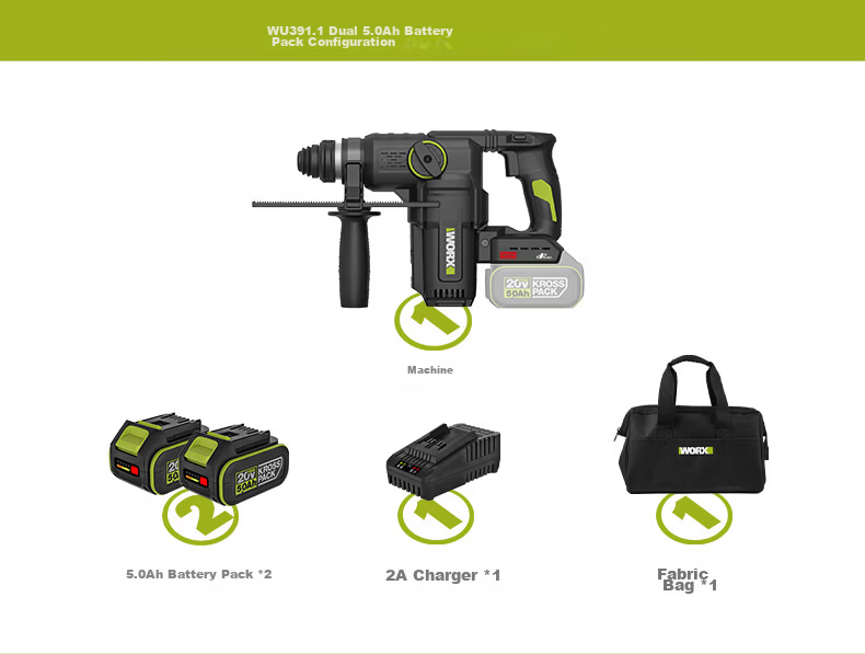 WORX 20V Cordless Lithium Battery Hammer Drill WU391.9 (Bare Tool) Rechargeable Impact Drill Concrete Electric Tool 17