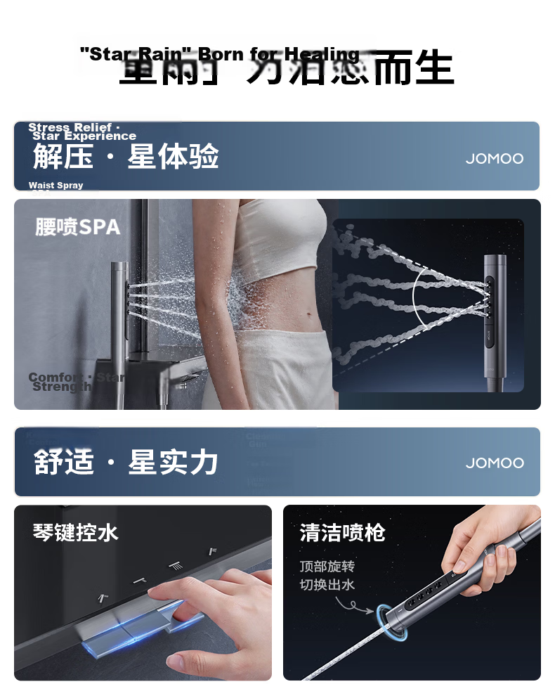 JOMOO Shower Faucet Set Piano Key Square Tube Curved Shower Head 36709-A66/HBS-1 8