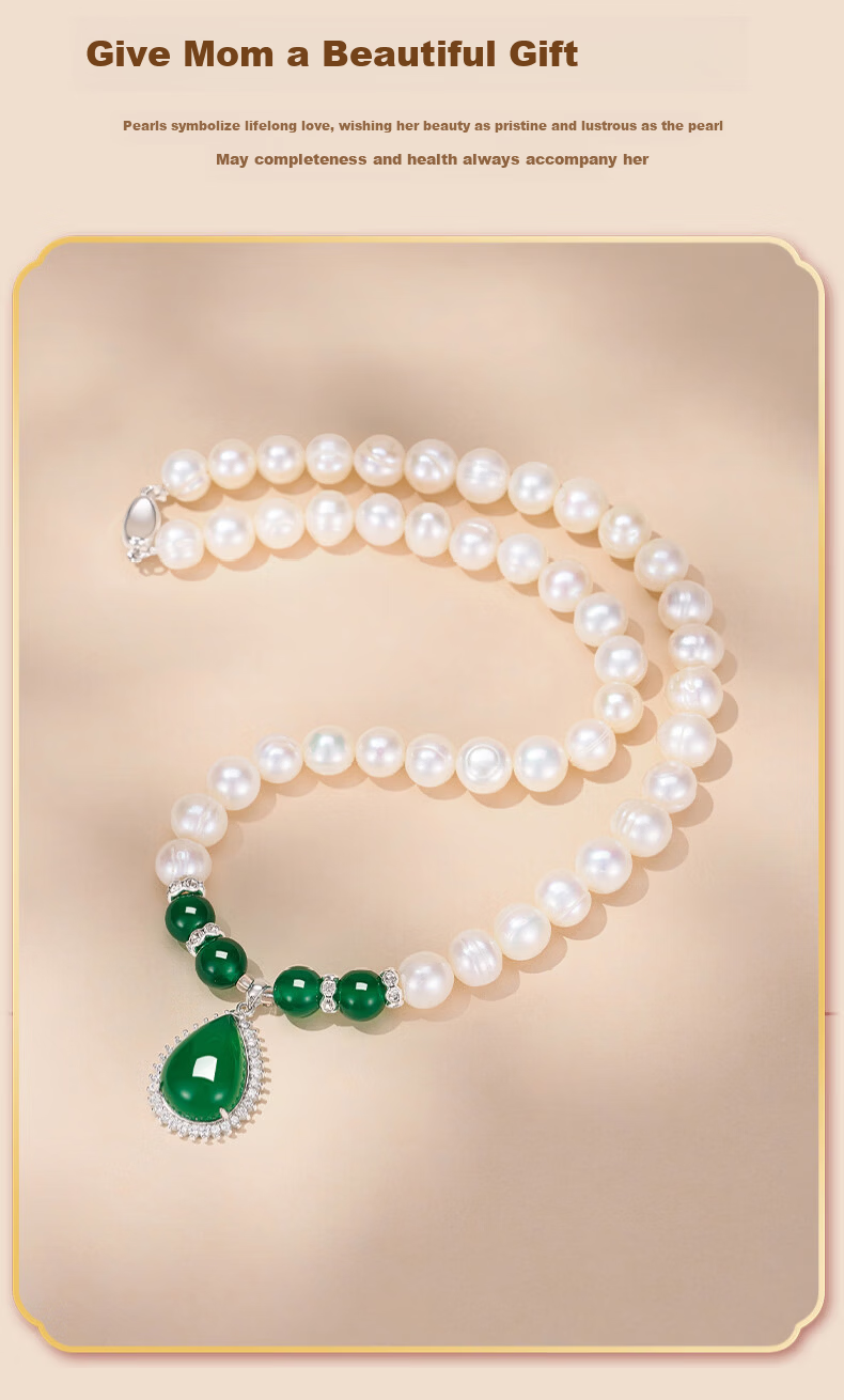 Kovny Selected Green Chalcedony Vintage Elegant Pearl Necklace Bracelet Earrings Three-Piece Set Birthday Gift for Mom 9