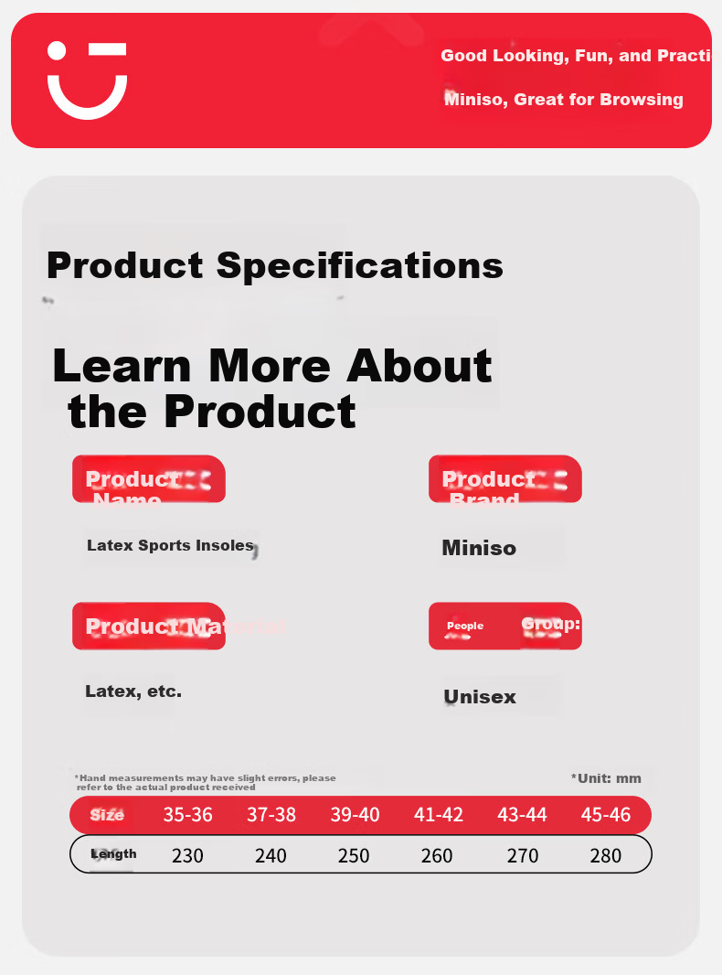 MINISO Latex Sports Shock Absorption Insoles for Men and Women, Sweat-Absorbing, Odor-Resistant, Antibacterial, Breathable, Soft and Elastic, Size 41-42 19
