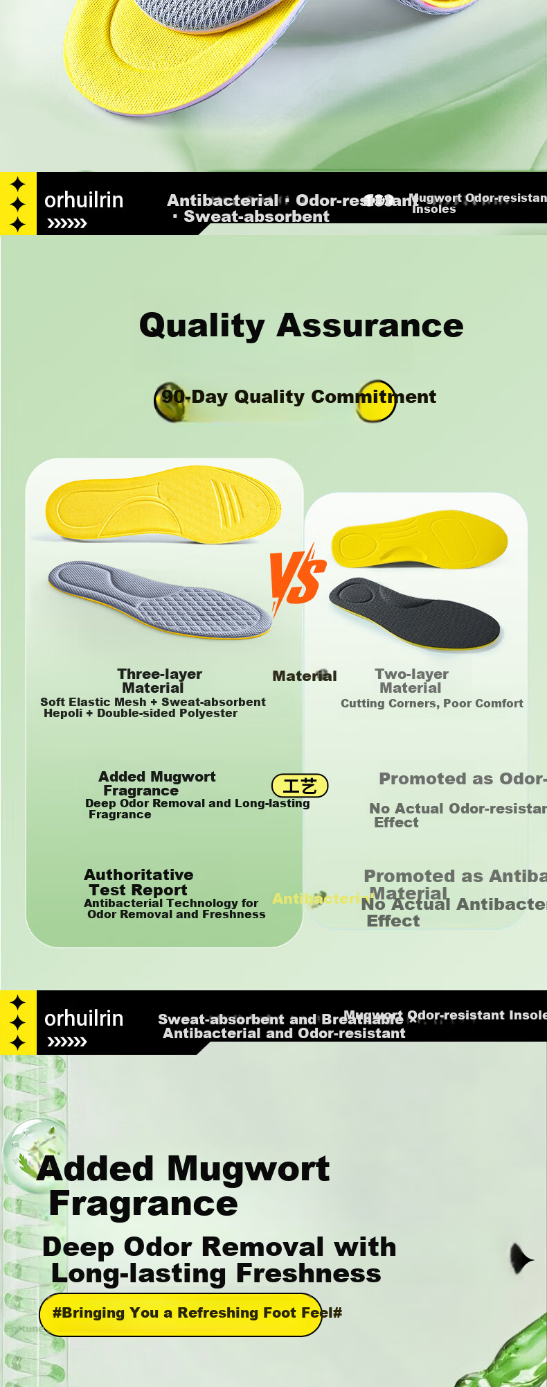 Footprint Tribe Mugwort Deodorant Insoles for Men Sweat-Absorbing Breathable Odor-Removing Antibacterial Summer Thin Leather Shoe Insoles Size 45-46 2