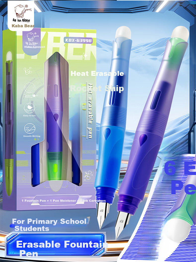 Kaba Bear Heat Erasable Fountain Pen Crystal Blue Posture Correcting Erasable Pen Set Student Children's Professional Calligraphy Pen Dark Blue 6