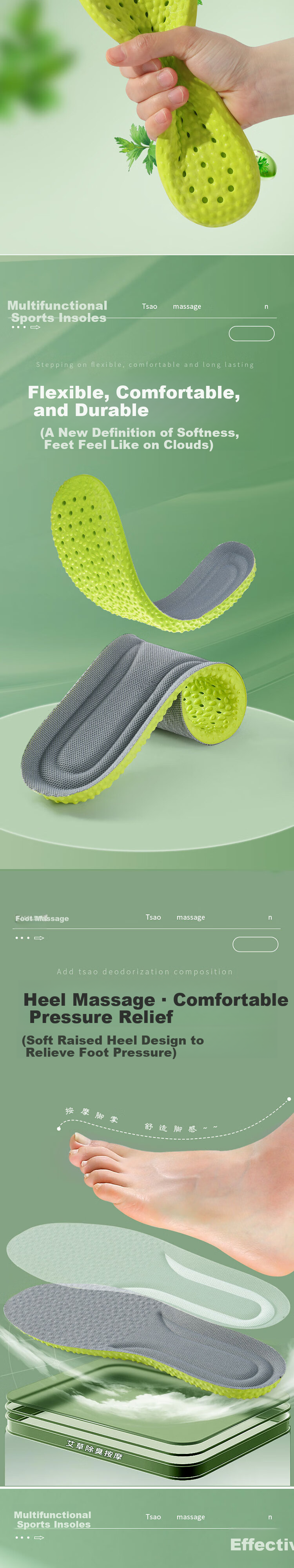 Footprint Tribe 2 Pairs Men's Sports Odor-Resistant Insoles Soft Cushioned Long-Standing Comfort Summer Sweat-Absorbing Breathable Antibacterial Size 43-44 2