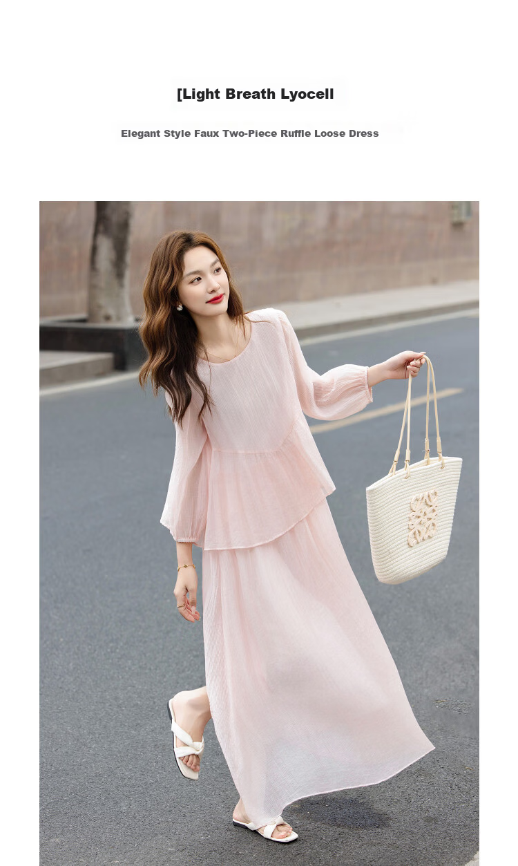 Demana [Light Breath Lyocell] Summer Elegant Style Fake Two-Piece Ruffle Loose Slimming Dress for Women High-End Feel 5