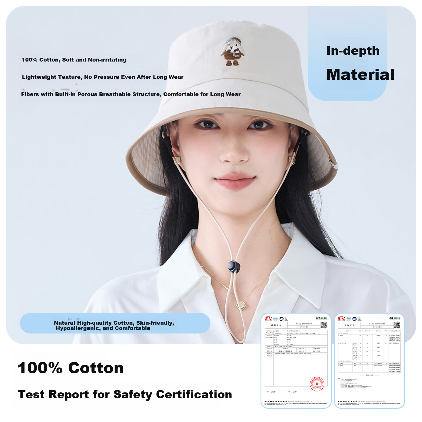 JIUMU 100% Cotton Women's Sun Protection Hat UV Protection Bucket Hat Outdoor Face Covering Sun Hat