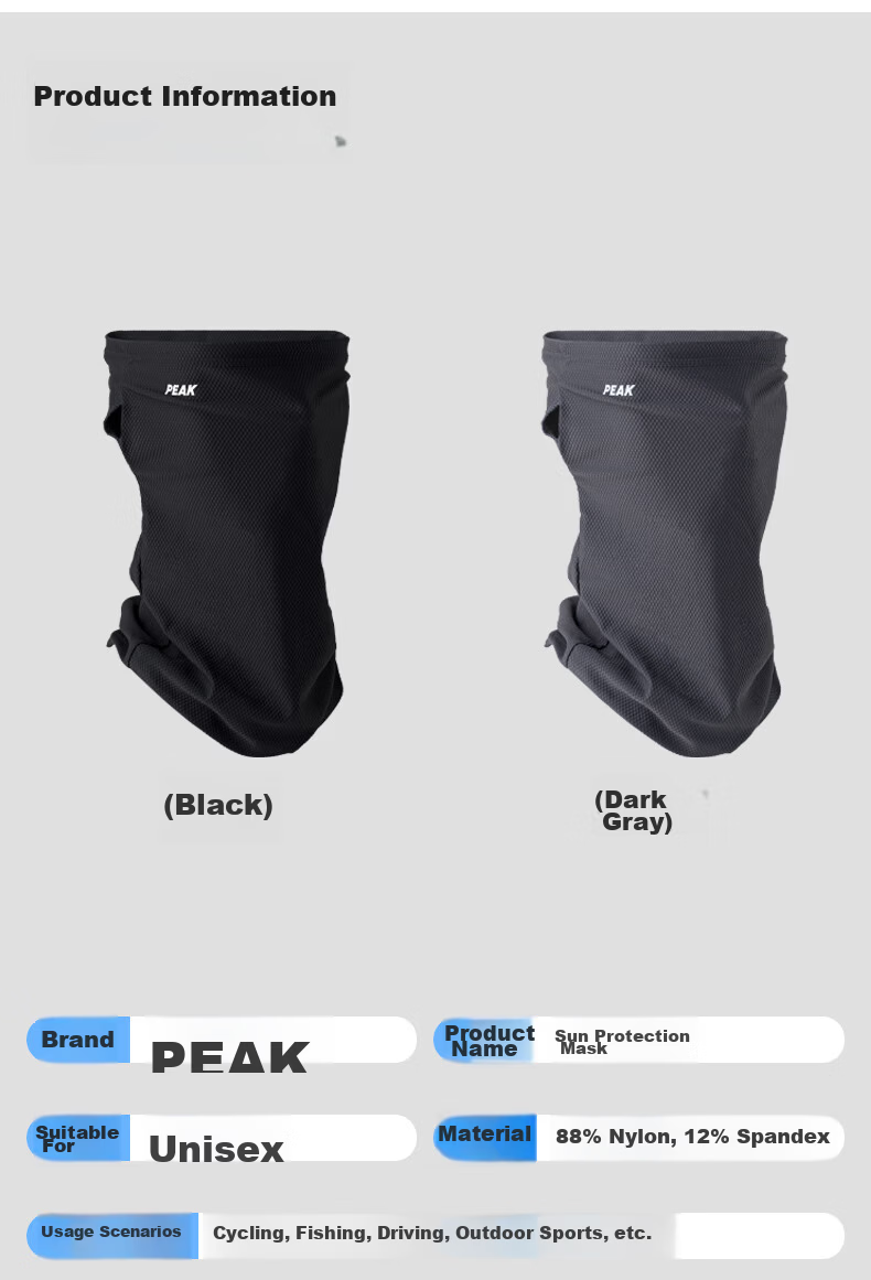 PEAK Sun Protection Face Mask Ear-Hook Cycling Ice Silk Scarf Mask Neck Gaiter Windproof Dustproof Mountaineering Gear Black 10
