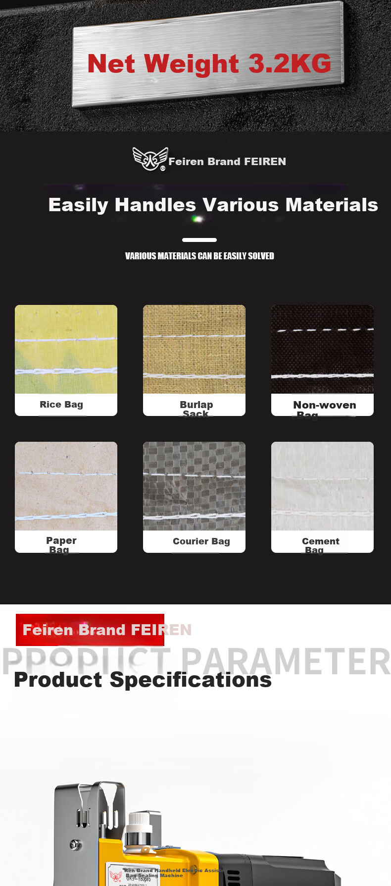 Feiren 36V Lithium Battery Portable Electric Bag Sewing Machine for Rice and Woven Bags Sealing and Packing Machine 6