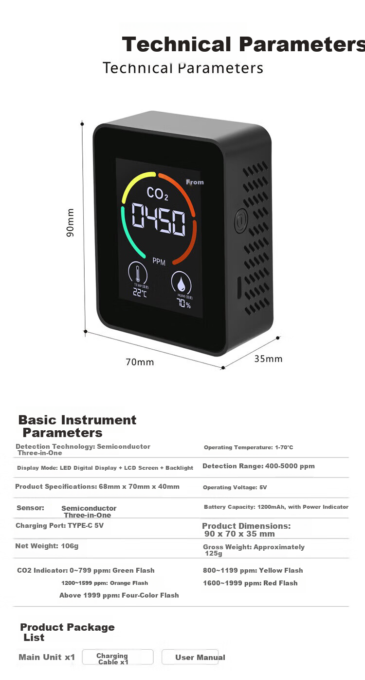 Honggong CO2 Concentration Detector High-Precision 3-in-1 Greenhouse Classroom Air Quality Monitor 2
