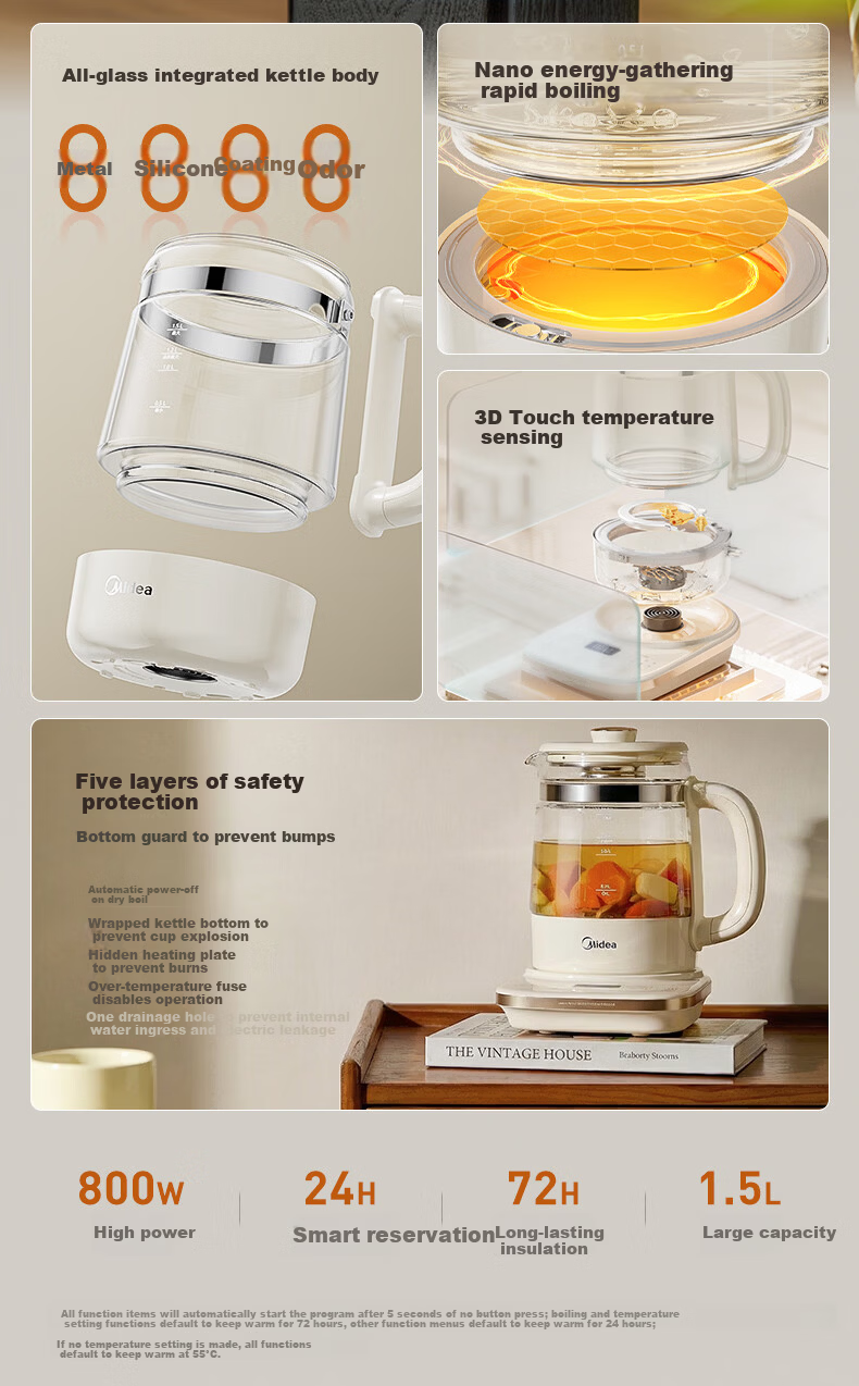 Midea 0 Glue Full Glass Health Kettle Baby Boiling Kettle Electric Kettle Fully Automatic Integrated Tea Maker 800W High Power 1.5L MK-YS15B215 2