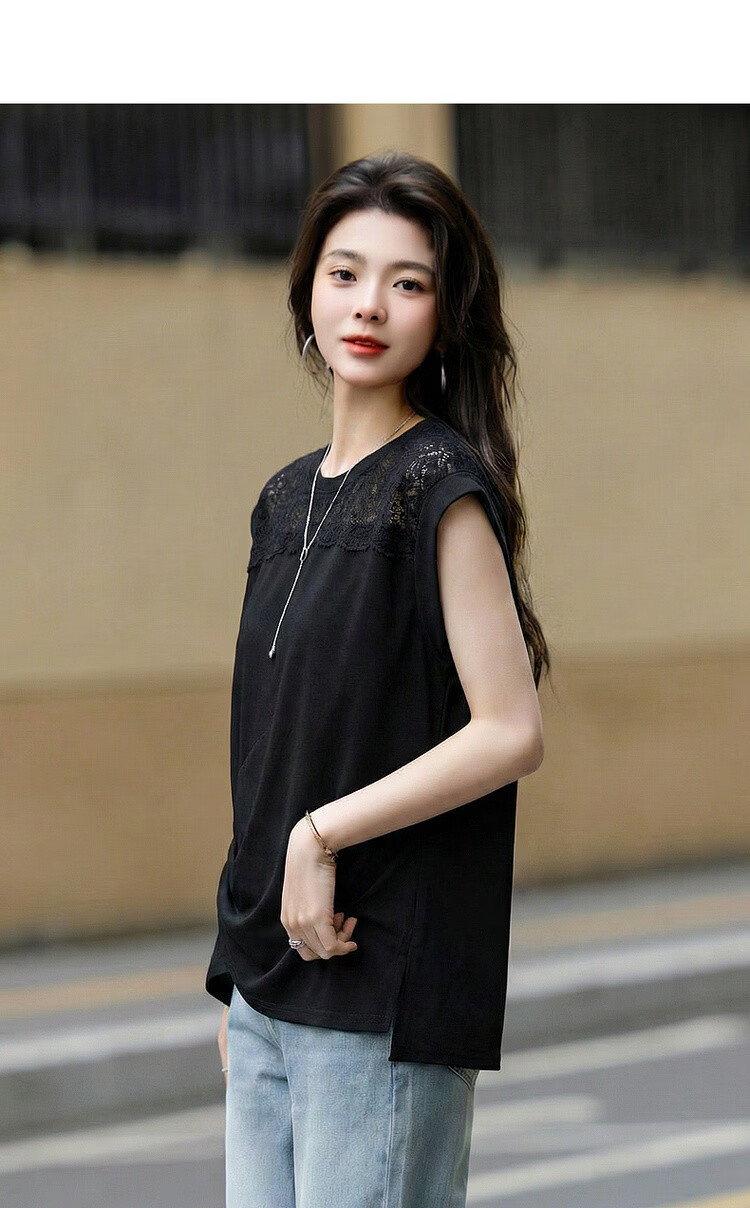 Demana [Cooling Black Technology Sorona] Summer Elegant Lace Splice Crew Neck Pleated Hem Short Sleeve Women's T-Shirt 5
