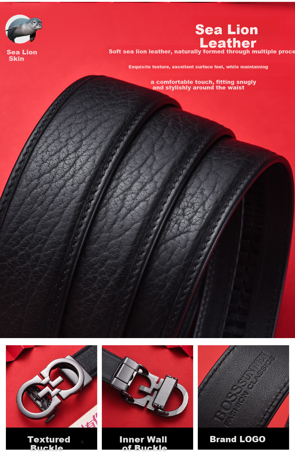 BOSSSUNWEN Bosshenwei Sea Lion Genuine Leather Automatic Buckle Belt Gift for Boyfriend Husband Birthday Anniversary High-End Business Gift Box 7