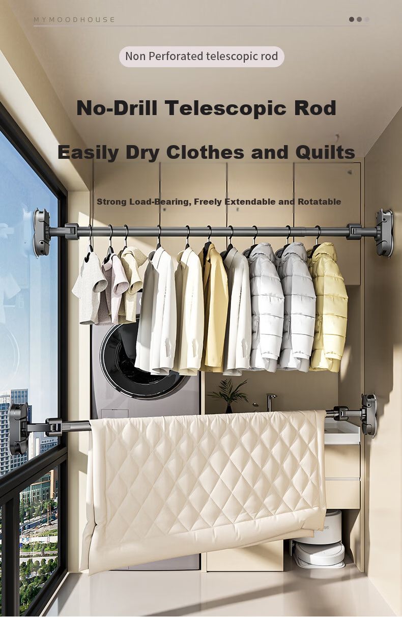 MYMOODHOUSE Suction Cup Retractable Clothes Drying Rod Balcony Indoor Corner Quilt Drying Rack No Drilling 120-200cm 1