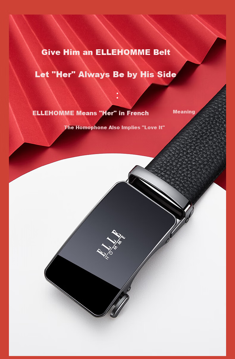 ELLE HOMME French Brand Men's Genuine Leather Belt Automatic Buckle Top Layer Cowhide Waist Belt Gift Box Birthday Gift for Boyfriend 3