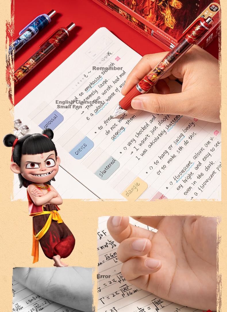 Deli Nezha Magic Boy Aobing Retractable Gel Pen, Fun Pattern, 0.5mm Double Ball ST Tip Student Exam Pen, Black, 12 Pens/box, NZ007 for College Entrance Exam 7