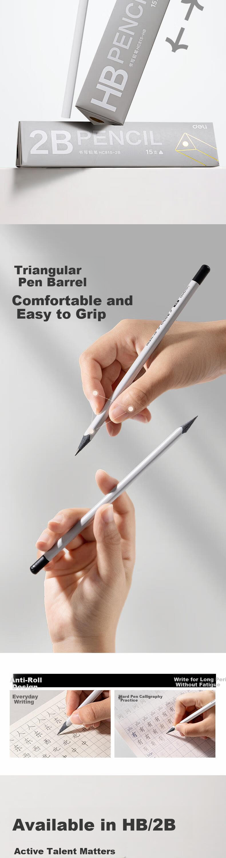 Deli 15-Pack 2B White Gray Wood Triangular Writing Pencils for Drawing Doodling Sketching Exam Filling HC815-2B Student School Stationery 2