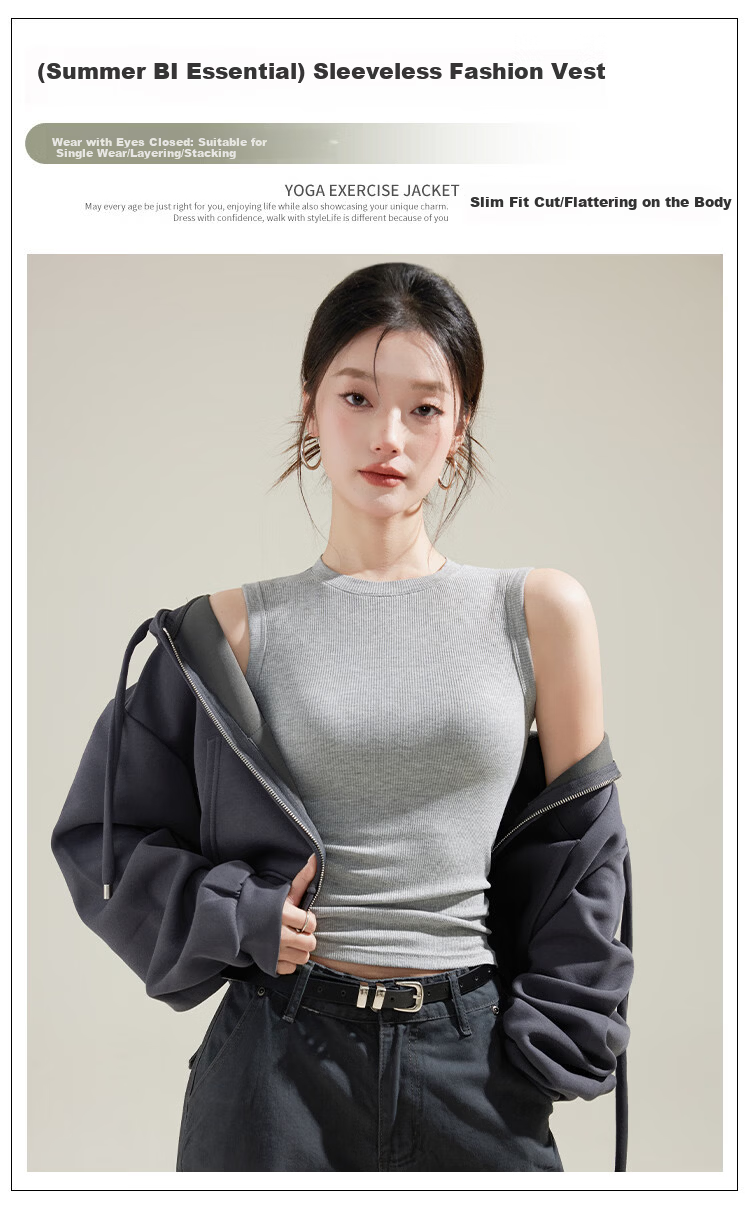 Langsha Women's New Slim Fit Ribbed High Neck Sleeveless Top Korean Style Fashionable Gray 1