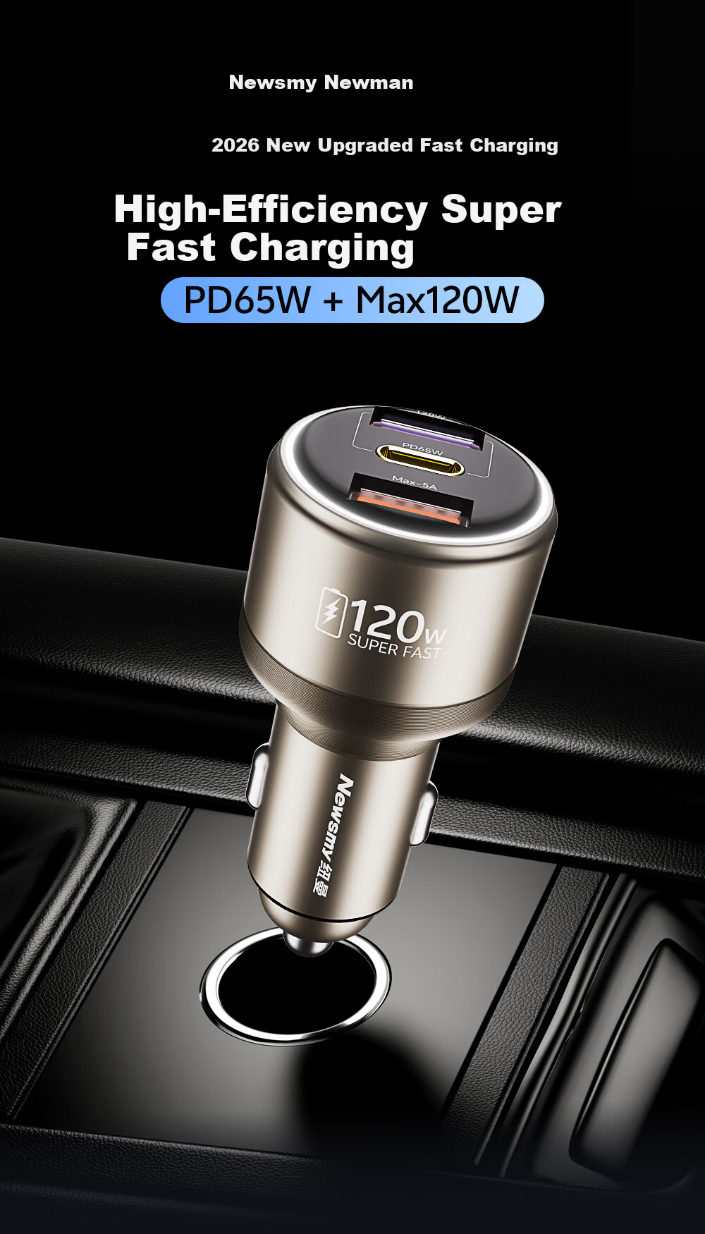 Newsmy 120W Car Charger Super Fast Charging Triple Port Cigarette Lighter Adapter Compatible with Huawei Vivo OPPO Apple 17 Laptop Charging 1