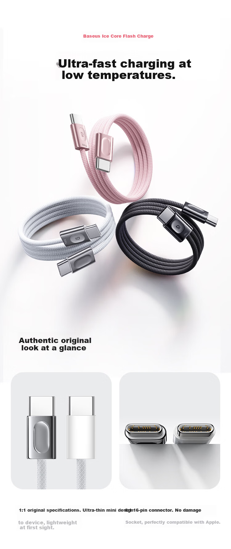 BASEUS Apple 17/16/15 Dual-Head Type-C Charging Cable PD 100W Fast Charge CtoC 5A for iPhone 17/16e/15 iPad Pro Laptop 2