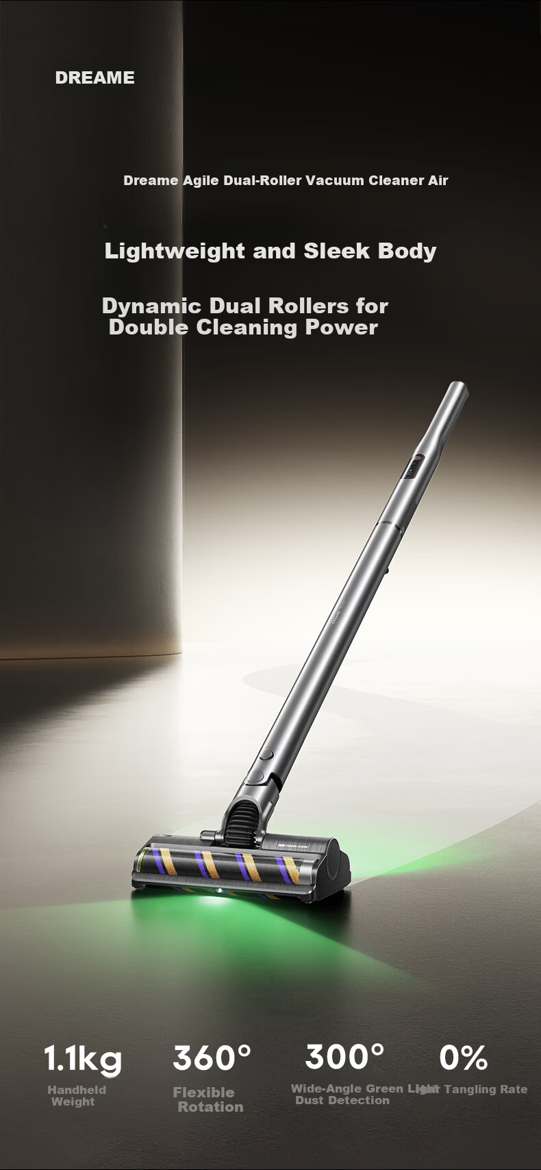 Dreame AIR Lightweight Dual-Roller Vacuum Cleaner with Active Hair Cutting, 300-Degree Green Light Dust Detection, Flexible Omni-Directional, Pet and Home Wireless, Nebula Pink 1