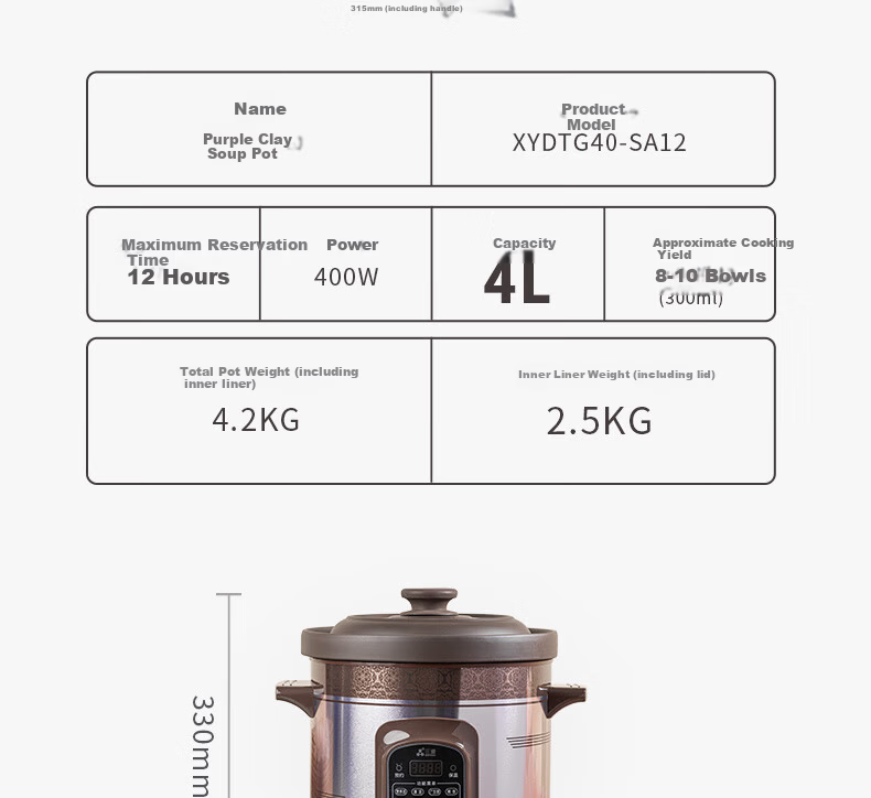 SANYUAN Electric Slow Cooker Clay Pot Soup Pot Large Capacity Fully Automatic 8L Electric Stew Pot Timer Reservation Purple Clay Soup Pot Household Porridge Cooker Health Pot Electric Clay Pot XYDTG80 17