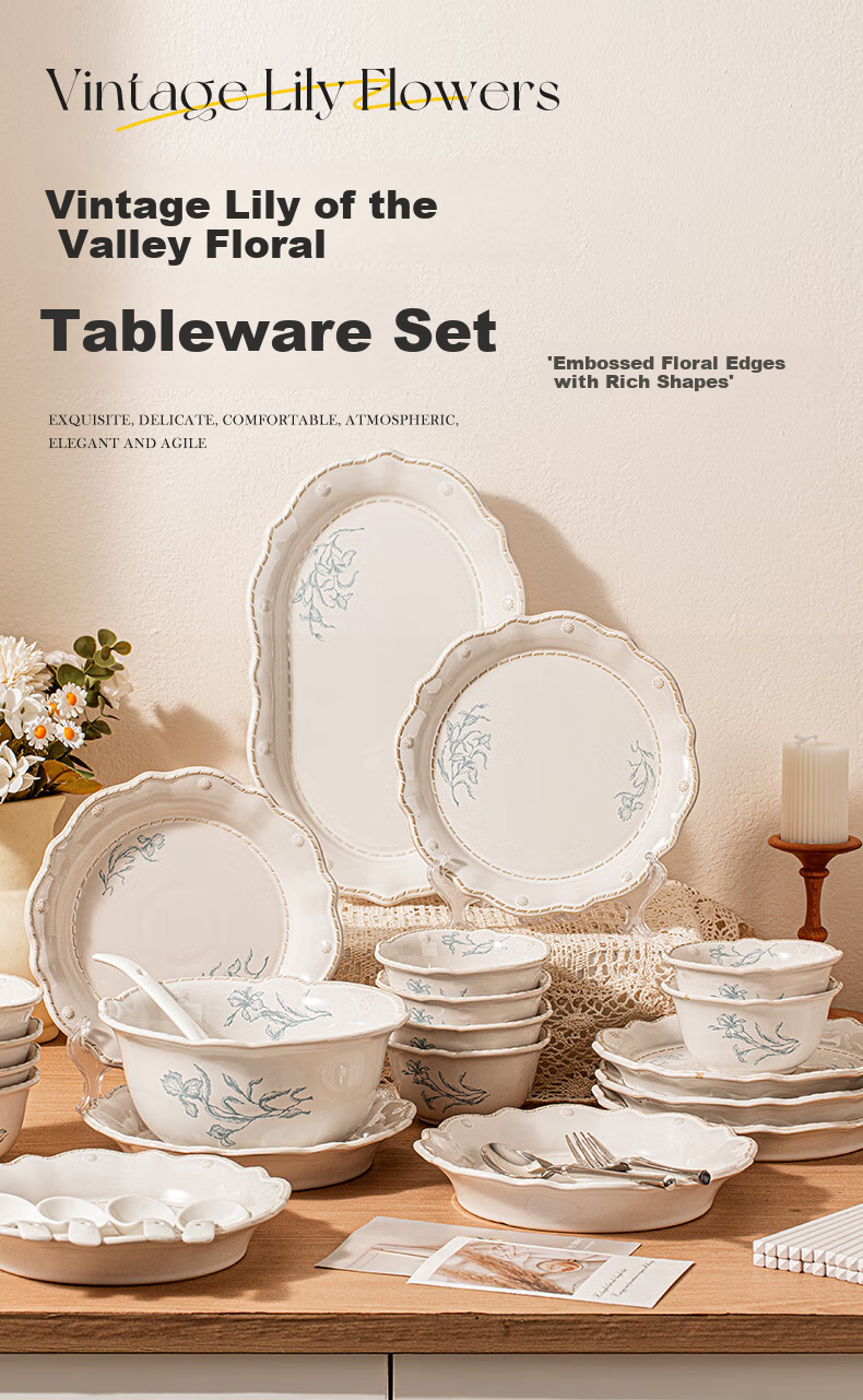 TREEJACK Lily of the Valley French Style Bowl and Plate Set Luxury Home Tableware 2025 New Arrival Dinnerware Set 1