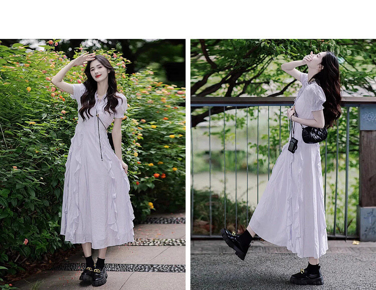 Mt [Early Summer Time] Summer Dopamine Fresh Lace-up V-neck Ruffle Puff Sleeve Waist-cinching Elegant Dress 15