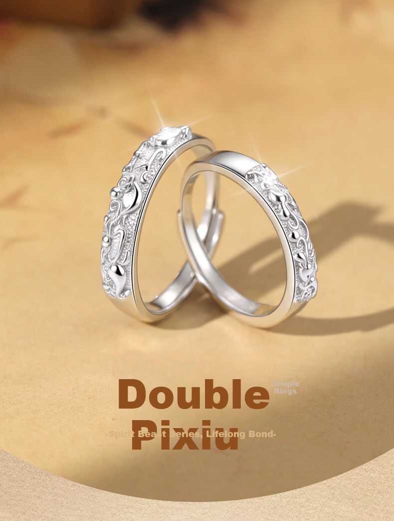 MANHE S999 Pure Silver Pixiu Couple Rings Set for Men and Women Engagement Wedding Diamond Rings Birthday Gift for Girlfriend 1